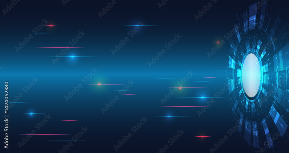 Aufkleber Digital communication, data protection, futuristic presentation, scientific cover. Abstract blue high-tech background consisting of circles and other technological elements.