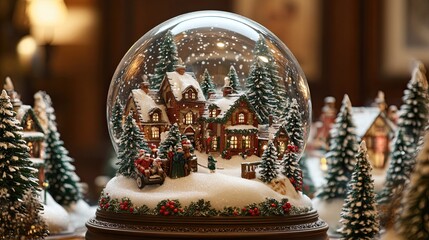 Magical snow globe featuring cozy Christmas village with snow-covered trees, creating festive atmosphere.  