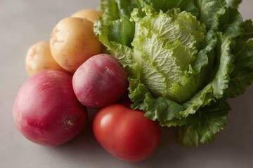 assortment of fresh vegetables and fruits labeled non-gmo arranged against neutral backdrop