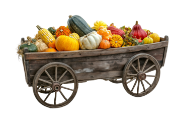 A rustic wagon filled with harvest produces isolated on white background