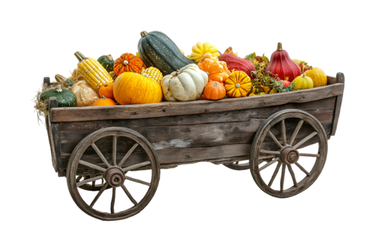 A rustic wagon filled with harvest produces isolated on white background