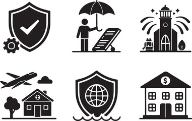Fototapeta premium Set of 6 silhouette icons related to insurance, money diposit and loan. Flat black color icon collection. Editable filled design art. Vector illustration.