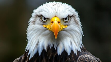 Obraz premium Majestic eagle with sharp gaze and powerful beak, showcasing detailed plumage against soft background. 