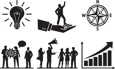 Set of 6 silhouette icons related to leadeship and workshop. Flat black color icon collection. Editable filled design art. Vector illustration.