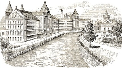 European Canal Scene Black and White Architectural Sketch