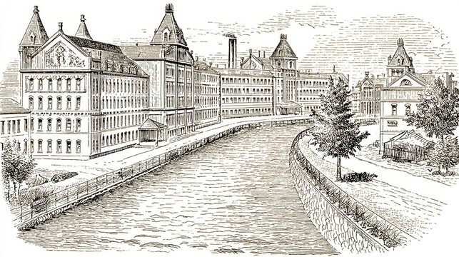 Fototapeta European Canal Scene Black and White Architectural Sketch