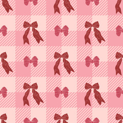 Seamless pattern with cute hand drawn fancy pink bow knots on checkered plaid background. Pretty retro coquettes wallpaper. Vintage romantic repeat background. Vector illustration