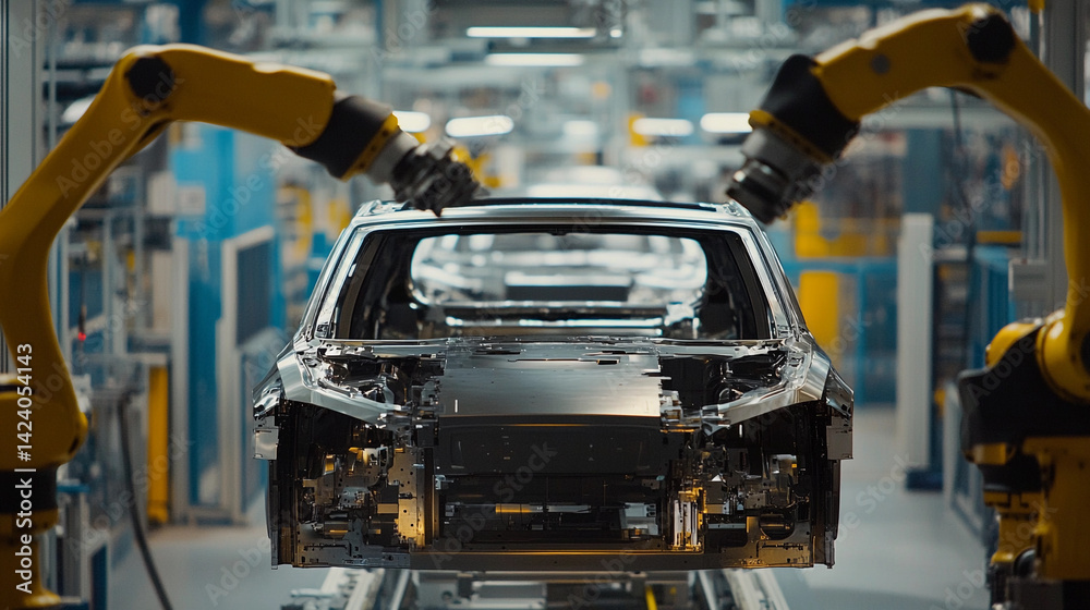 Poster Close-up view of advanced robotics in automotive production Generative AI