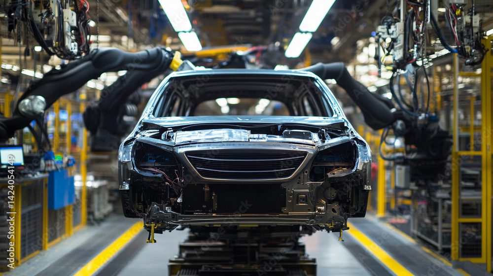Poster bright advanced technology in automotive manufacturing process generative ai