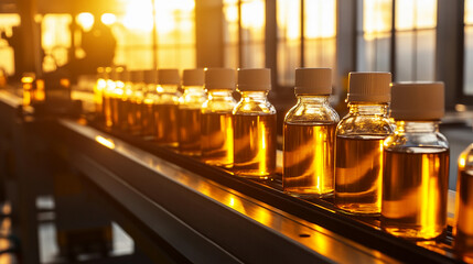 Close-up view of bright oil bottles on a production line Generative AI