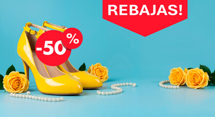 Yellow High Heels with Discount Sale Banner 50% Off on Blue Background, the inscription "Rebajas" for Fashion Store Discounts, Boutique Ads and Fashion Sales