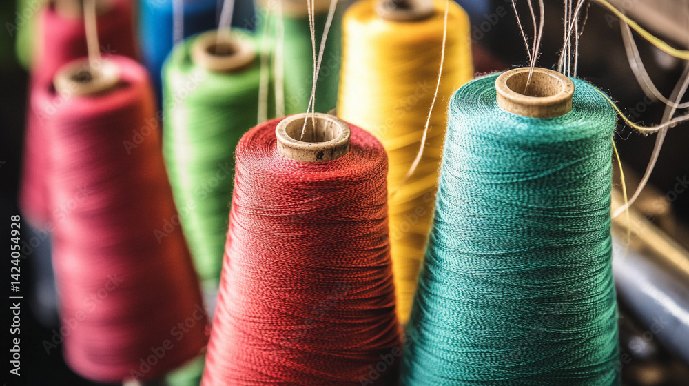 Poster Colorful spools of thread in a close-up view Generative AI