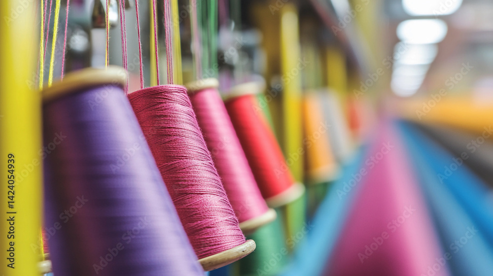 Poster Close view of vibrant spools of thread hanging in a workshop Generative AI