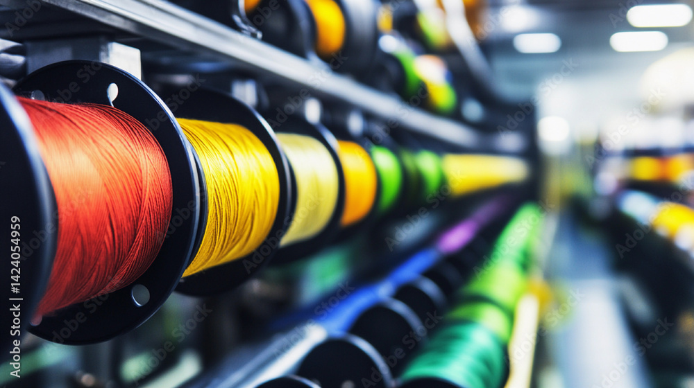 Poster colorful spools of thread arranged in a creative workspace generative ai