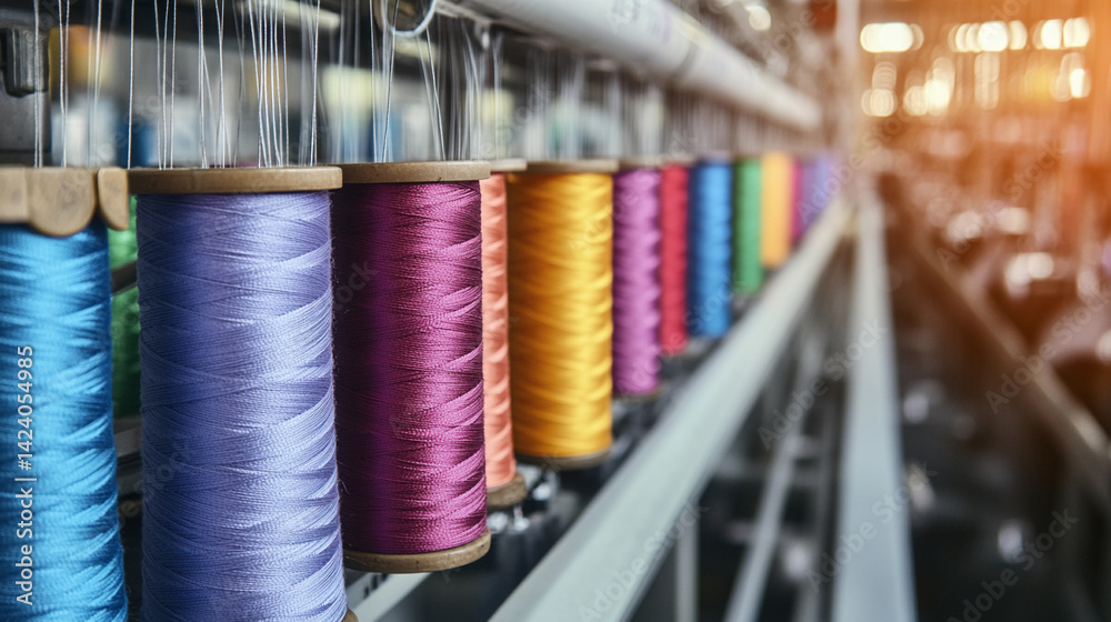 Poster close-up view of vibrant thread spools in a sewing workshop generative ai