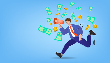 business man running , holding megaphone and money falling air around him. vector ,illustration and flat .