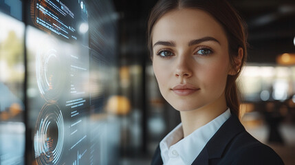 Confident young woman in business environment with digital display Generative AI