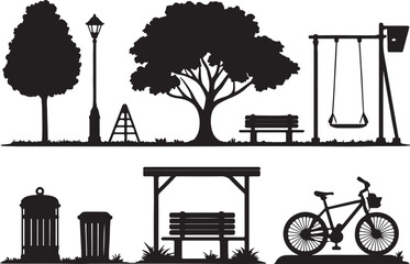 Set of 6 silhouette icons related to park. Flat black color icon collection. Editable filled design art. Vector illustration.