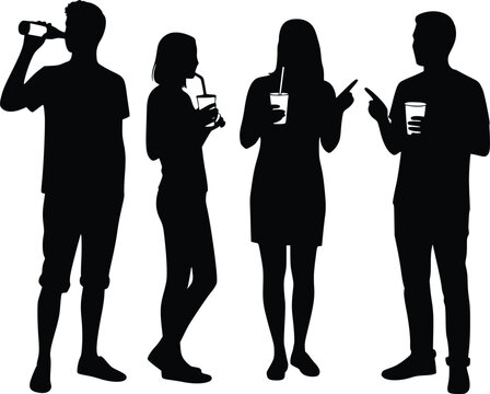 Black and white silhouette of four people holding drinks in different poses, including sipping from bottles and cups with straws