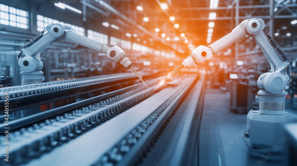 Poster industrial factory interior with robotic arms in action generative ai