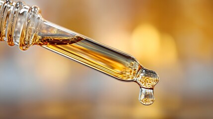 CloseUp Glass Dropper Filled with Golden Liquid and a Hanging Drop Design