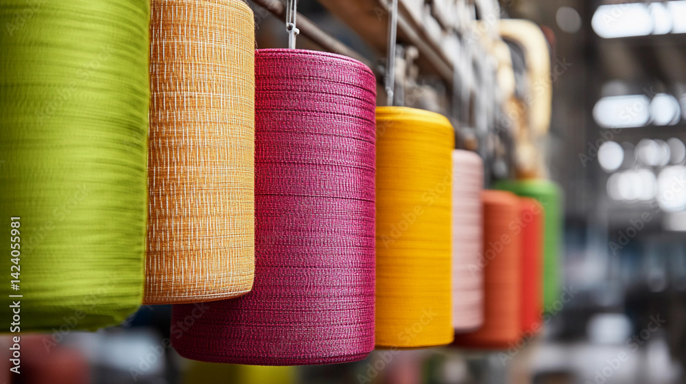 Poster Close-up view of colorful textile rolls in vibrant display Generative AI