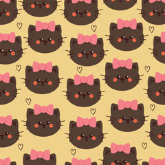 seamless pattern cartoon cat wearing pink bow. cute animal pattern for wallpaper, background and gift wrap paper