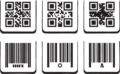 Set of 6 silhouette icons related to QR code and Bar code. Flat black color icon collection. Editable filled design art. Vector illustration.