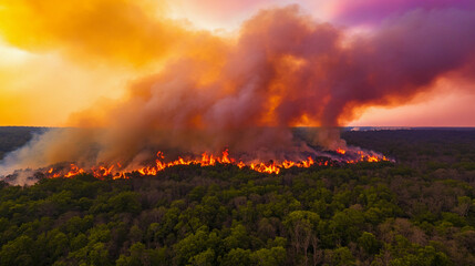 Fototapeta premium Dramatic wildfire consuming dense forest landscape at sunset Generative AI