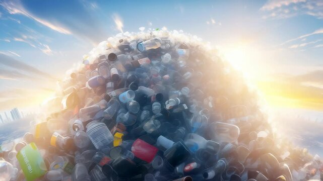 Massive accumulation of discarded plastic containers densely packed into spherical formation, symbolizing escalating global waste problem. Multicolored bottles illuminated by soft sunlight 