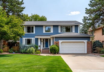 Photo of an elegant two-story house with white accents, blue-gray walls, and green grass in the front yard, with a garage door on the right side, in a Colorado Springs landscape.