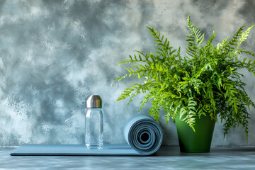 rolled yoga mat with water bottle and green plant (wellness),