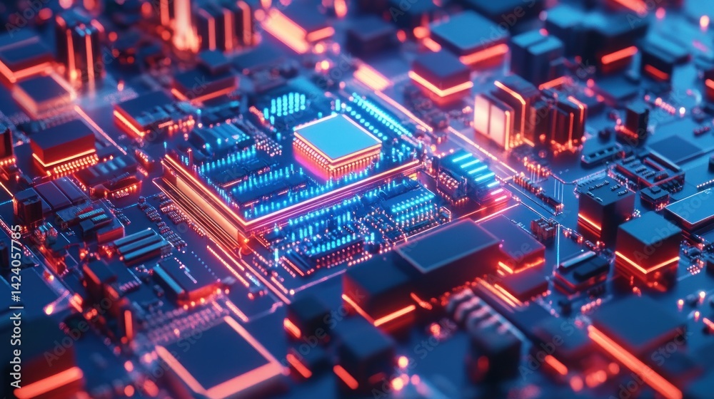 Poster complex computer circuit with illuminated processor.
