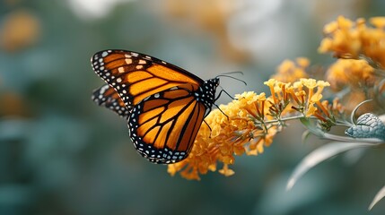 Fototapeta premium Beautiful Monarch Butterfly with Open Wings on Yellow Flowers Sunny Outdoors