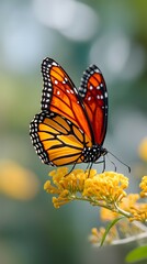 Fototapeta premium Closeup of Striking Monarch Butterfly on Vibrant Yellow Flower With Blurry Background