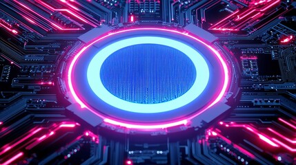 Quantum Blue Portal on Circuit Motherboard, featuring glowing wires and a retro-futuristic 1980s aesthetic, enhanced by a vaporwave color palette in an expansive setting.