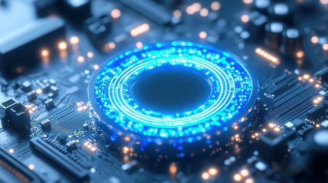 Quantum Blue Portal, a luminous gateway on a circuit motherboard, intertwines glowing wires, creating a wormhole to a parallel dataverse defying physical laws.