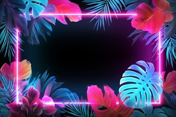Obraz premium A neon frame with tropical leaves on a dark background, with a palm leaf decoration around the edge of the frame