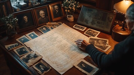 Elderly woman studying detailed family genealogy chart with vintage portraits around. Exploring ancestry and family roots. Genealogy Day discovery