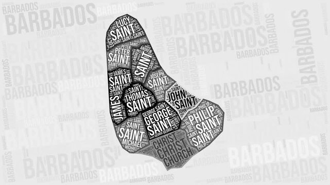 Barbados Animation. Visual effect of Barbados regions appearing in black and white word clouds style. Country intro video. Stylish Animated Motion Graphics.