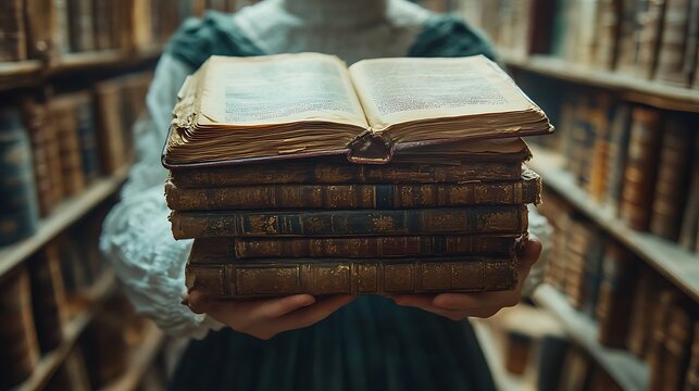 Close-up of antique books stacked in old library, symbolizing preserved family histories and records. Tracing lineage and stories. Genealogy Day concept