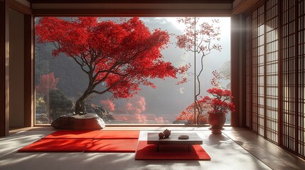 Minimalist Japanese room featuring tatami mats, low table, and potted tree with red leaves  