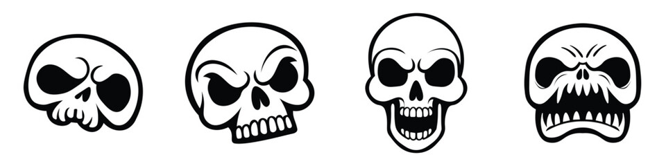 Black and White Angry Skull Vector Bundle with Bold Outline