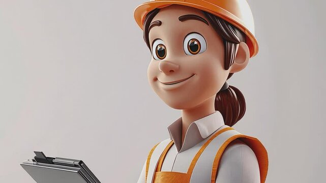 Cheerful Construction Worker: A charming cartoon illustration of a female construction worker, sporting a hard hat and safety vest, looks cheerful and confident while holding a clipboard.