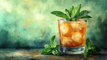Mint Julep Cocktail Illustration with Fresh Ingredients and Garnish 