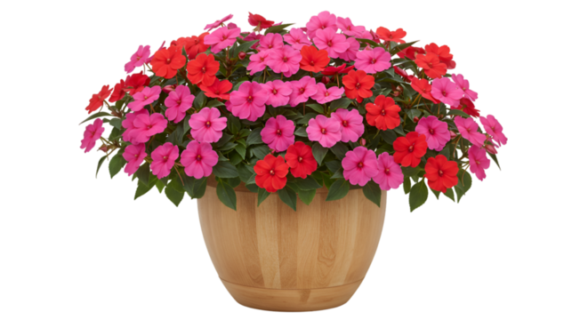 Vibrant pink and red flowers in wooden pot
