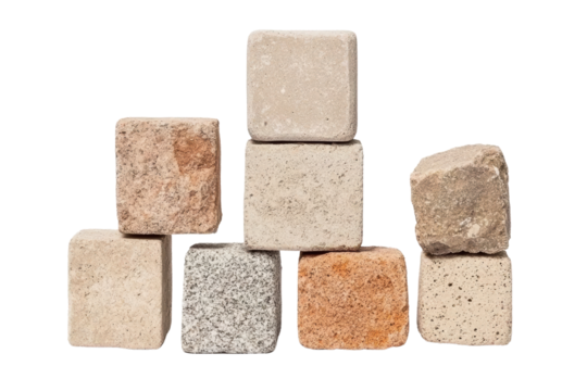 A collection of various stone blocks arranged in a pyramid style on a white isolated background.