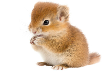 Adorable small bunny with fluffy fur, sitting gracefully against a white isolated background.