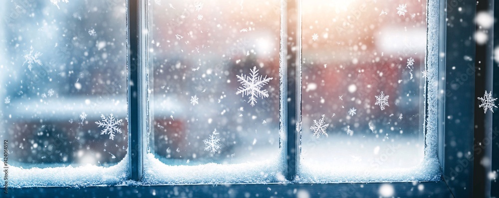 Poster snowflakes are falling outside a frosted window on a wintry day