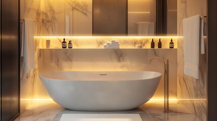 Chic modern hotel bathroom with a freestanding tub, marble accents, and